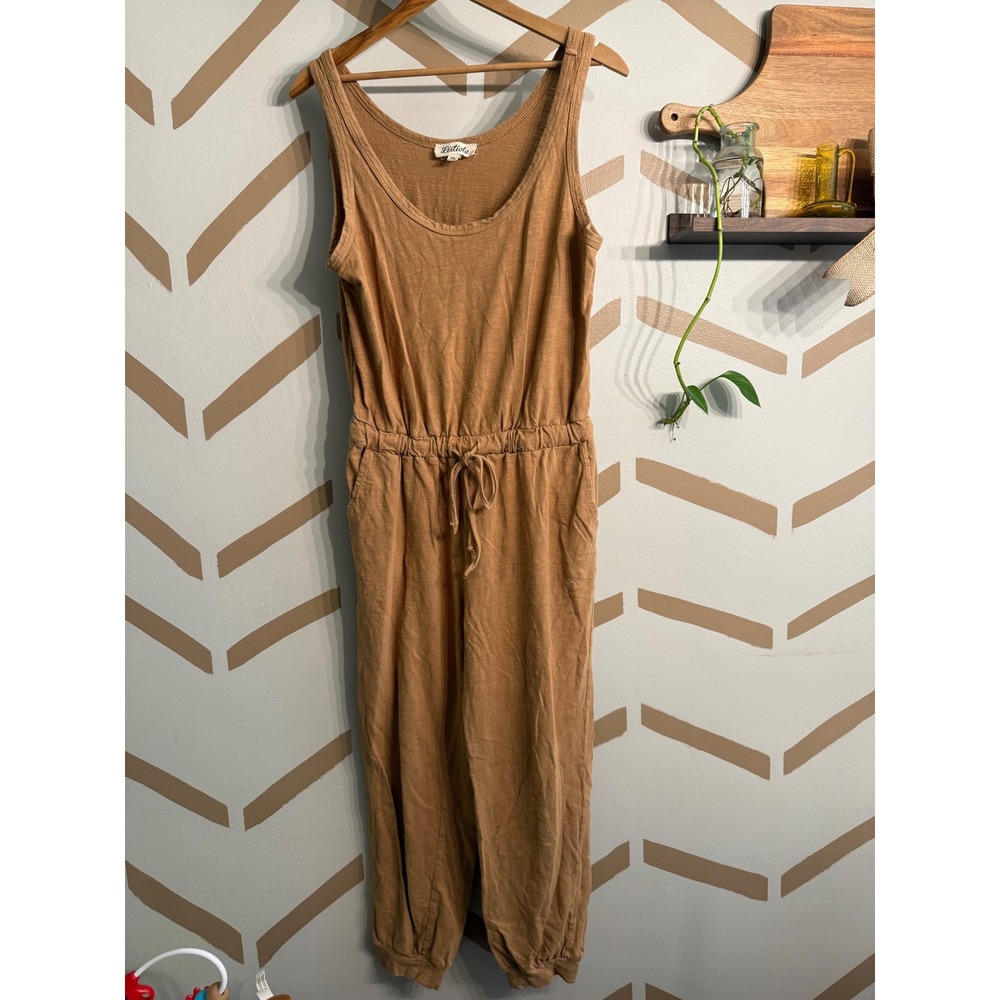 Listicle Jumpsuit Women Medium Tan Sleeveless Drawstring Waist Jogger Slub Knit